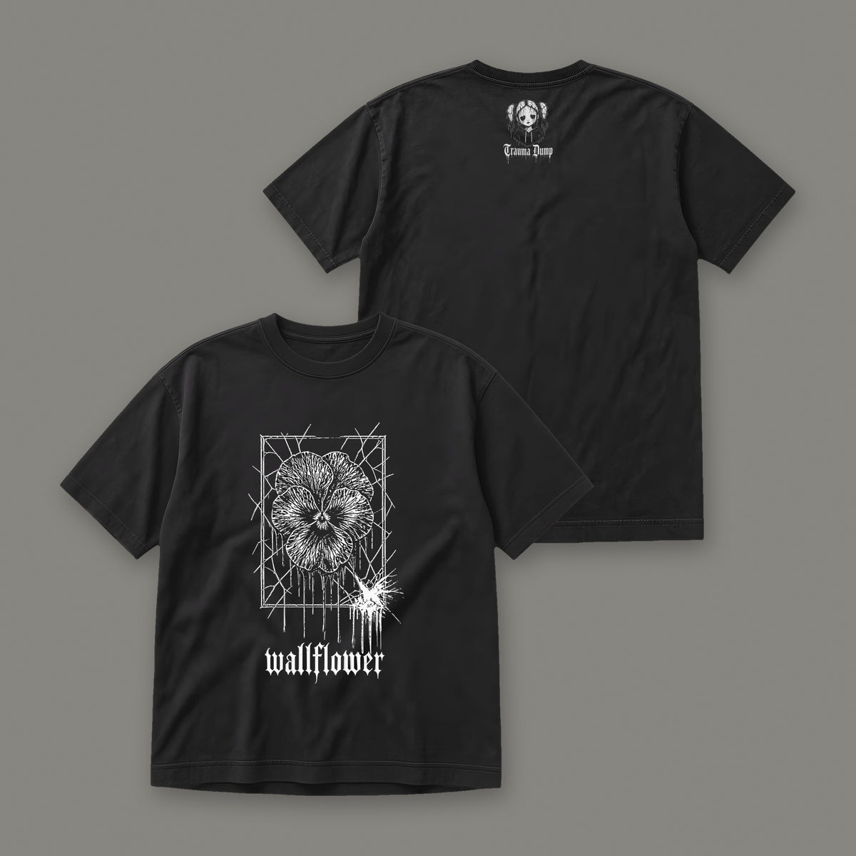 Wallflower Men's Heavyweight Tee by Trauma Dump, front and back view of black goth tee (Black, white ink)