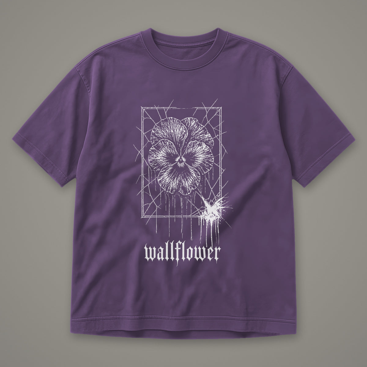 Wallflower Men's Heavyweight Tee in grape by Trauma Dump, pressed flower tattoo-style gothic graphic in white ink (Grape, white ink)