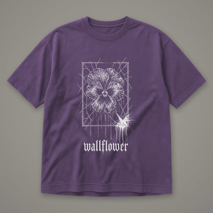 Wallflower Men's Heavyweight Tee in grape by Trauma Dump, pressed flower tattoo-style gothic graphic in white ink (Grape, white ink)