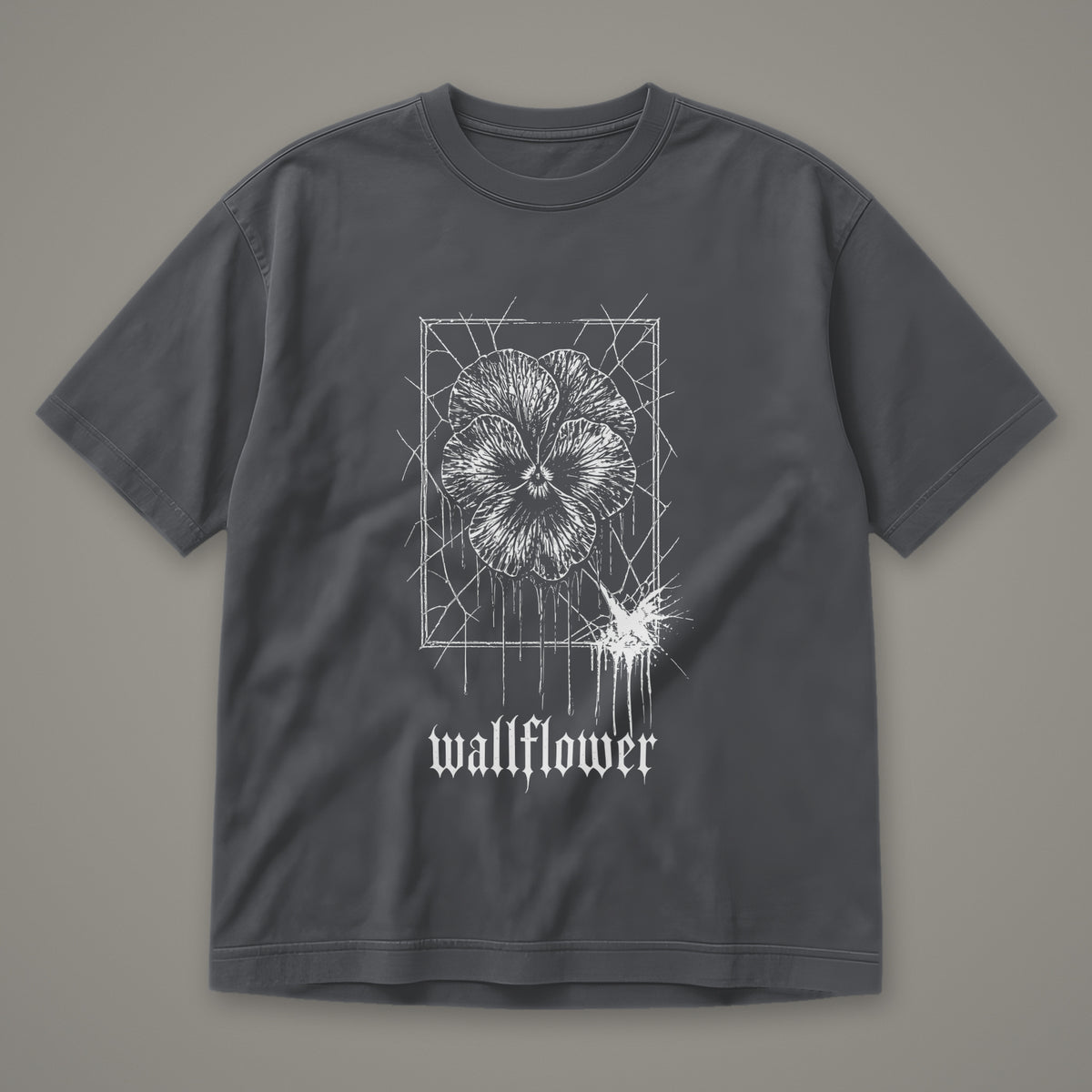 Wallflower Men's Heavyweight Tee in graphite by Trauma Dump, pressed flower tattoo-style gothic graphic in white ink (Graphite, white ink)