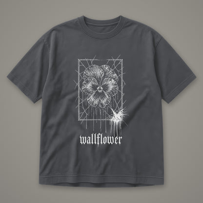 Wallflower Men's Heavyweight Tee in graphite by Trauma Dump, pressed flower tattoo-style gothic graphic in white ink (Graphite, white ink)