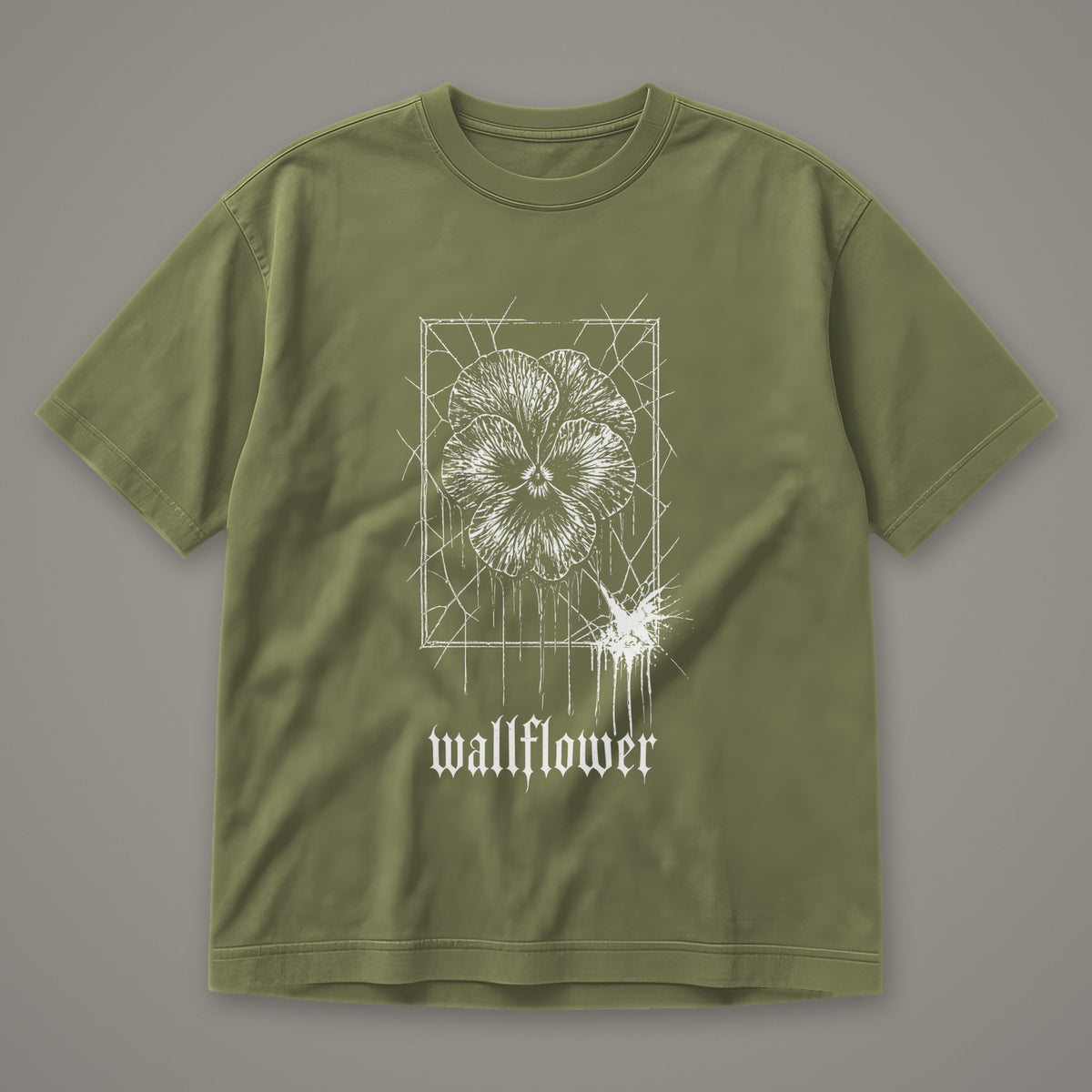 Wallflower Men's Heavyweight Tee in moss by Trauma Dump, pressed flower tattoo-style gothic graphic in white ink (Moss, white ink)