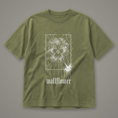 Wallflower Men's Heavyweight Tee in moss by Trauma Dump, pressed flower tattoo-style gothic graphic in white ink (Moss, white ink)