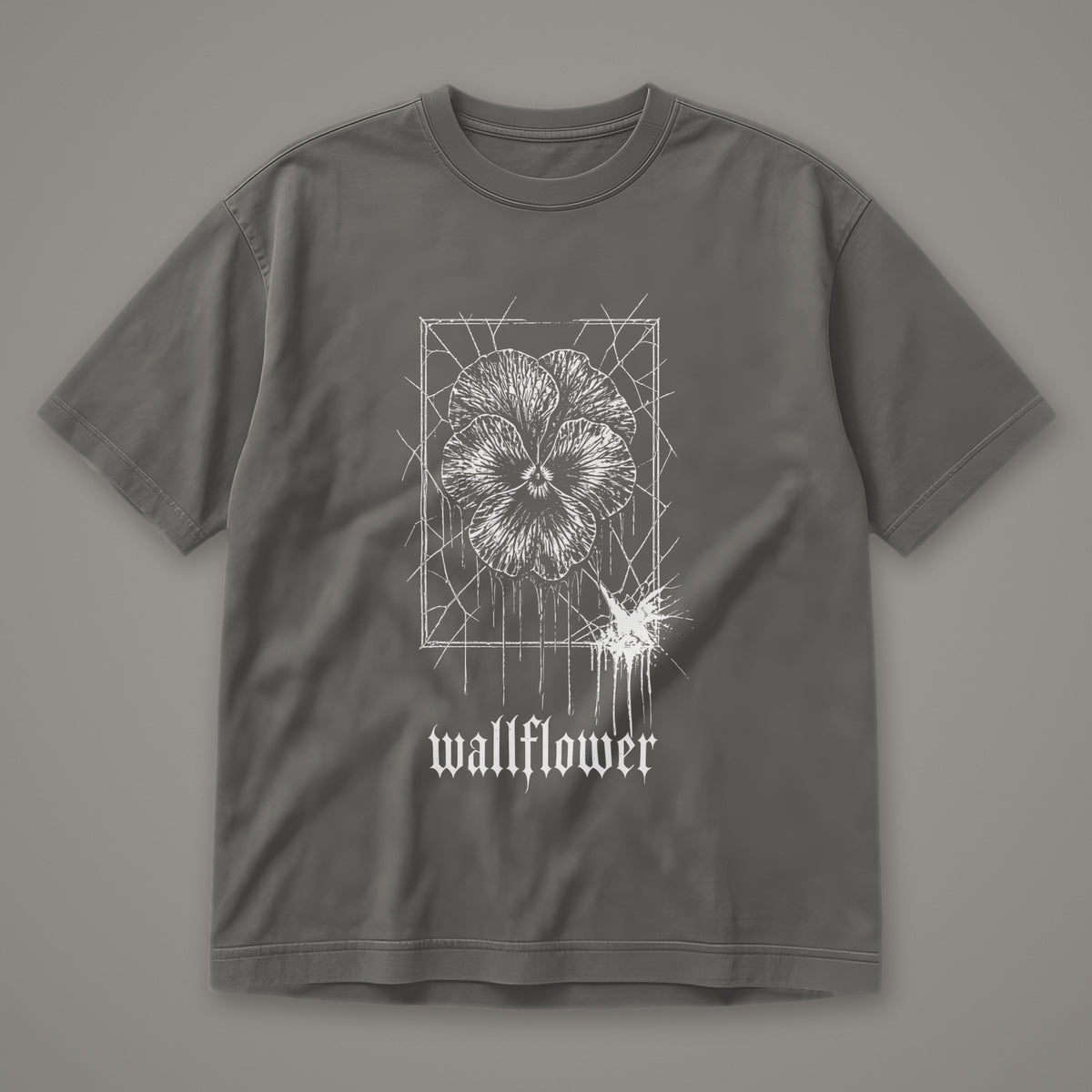 Wallflower Men's Heavyweight Tee in pepper by Trauma Dump, pressed flower tattoo-style gothic graphic in white ink (Pepper, white ink)