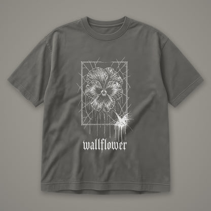 Wallflower Men's Heavyweight Tee in pepper by Trauma Dump, pressed flower tattoo-style gothic graphic in white ink (Pepper, white ink)