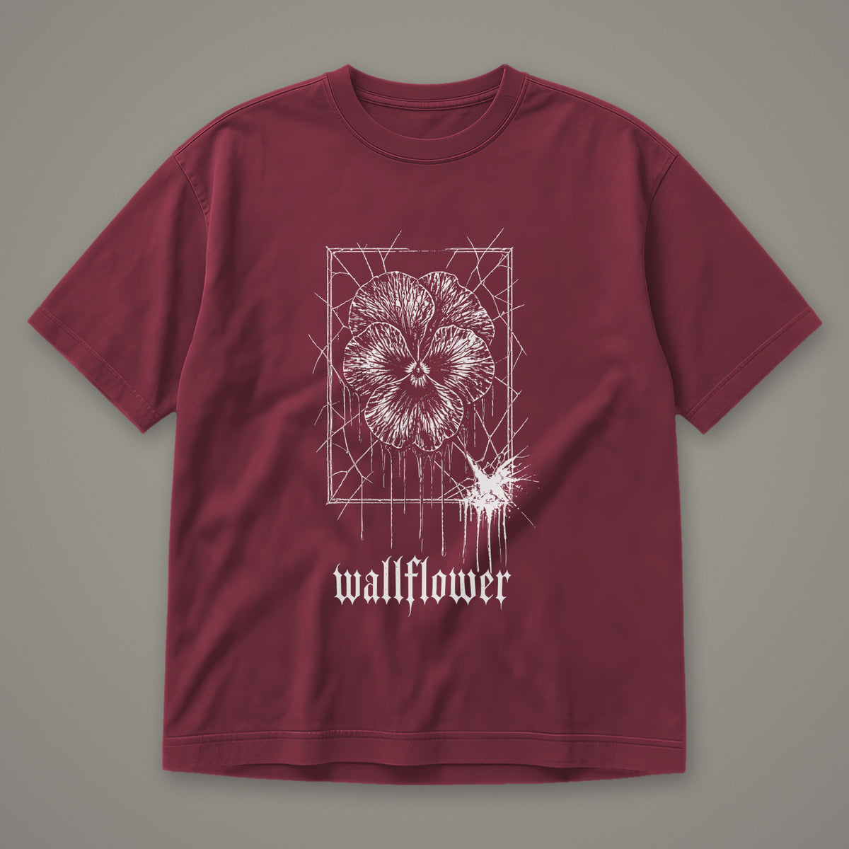 Wallflower Men's Heavyweight Tee in wine by Trauma Dump, pressed flower tattoo-style gothic graphic in white ink (Wine, white ink)