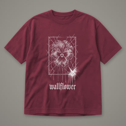 Wallflower Men's Heavyweight Tee in wine by Trauma Dump, pressed flower tattoo-style gothic graphic in white ink (Wine, white ink)
