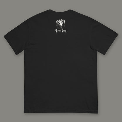 Wallflower Men's Heavyweight Tee in black by Trauma Dump, men's heavyweight tee goth tee back view with TD doll logo under the collar in white ink (Black, White ink)