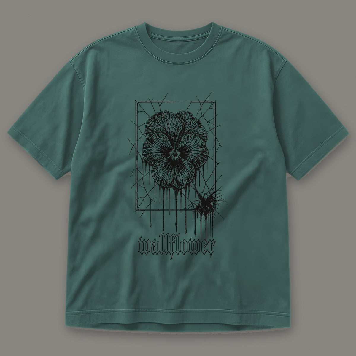 Wallflower Men's Heavyweight Tee in blue spruce by Trauma Dump, pressed flower tattoo-style gothic graphic in black ink (Blue Spruce, black ink)