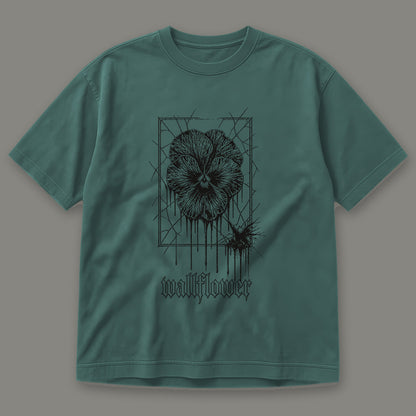 Wallflower Men's Heavyweight Tee in blue spruce by Trauma Dump, pressed flower tattoo-style gothic graphic in black ink (Blue Spruce, black ink)