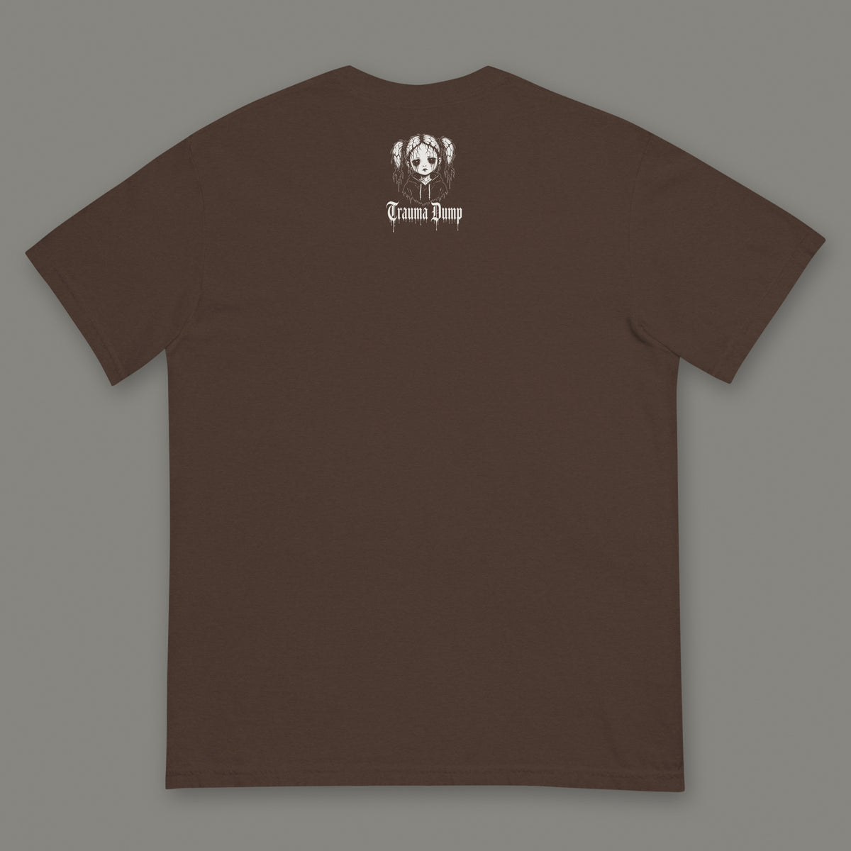 Wallflower Men's Heavyweight Tee in espresso by Trauma Dump, men's heavyweight tee goth tee back view with TD doll logo under the collar in white ink (Espresso, White ink)