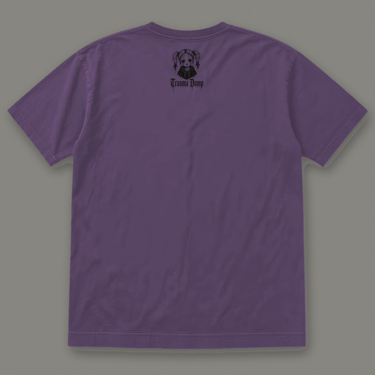 Wallflower Men's Heavyweight Tee in grape by Trauma Dump, men's heavyweight tee goth tee back view with TD doll logo under the collar in black ink (Grape, black ink)