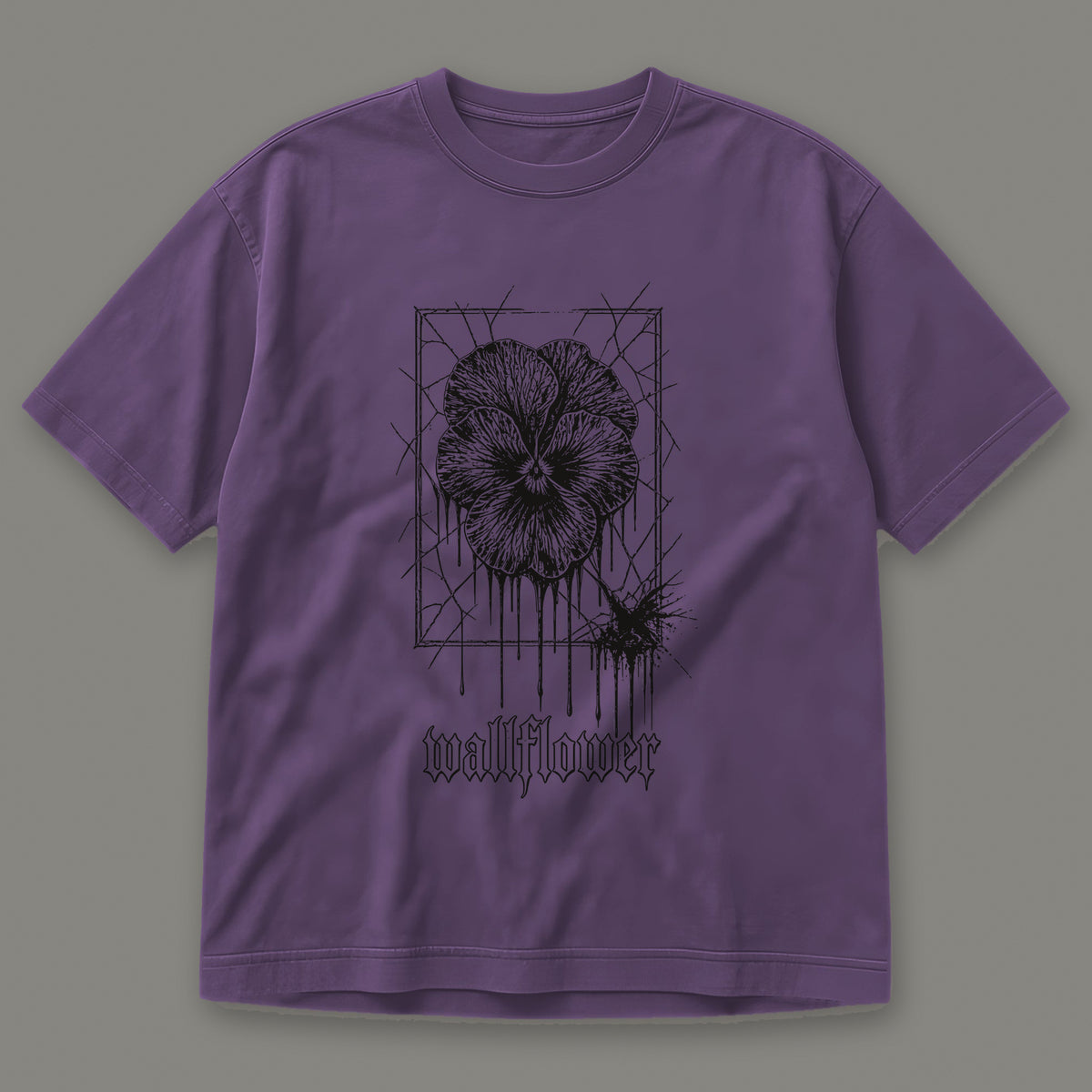 Wallflower Men's Heavyweight Tee in grape by Trauma Dump, pressed flower tattoo-style gothic graphic in black ink (Grape, black ink)