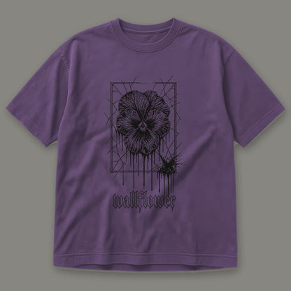 Wallflower Men's Heavyweight Tee in grape by Trauma Dump, pressed flower tattoo-style gothic graphic in black ink (Grape, black ink)