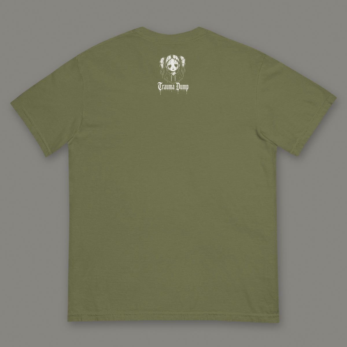 Wallflower Men's Heavyweight Tee in moss by Trauma Dump, men's heavyweight tee goth tee back view with TD doll logo under the collar in white ink (Moss, White ink)
