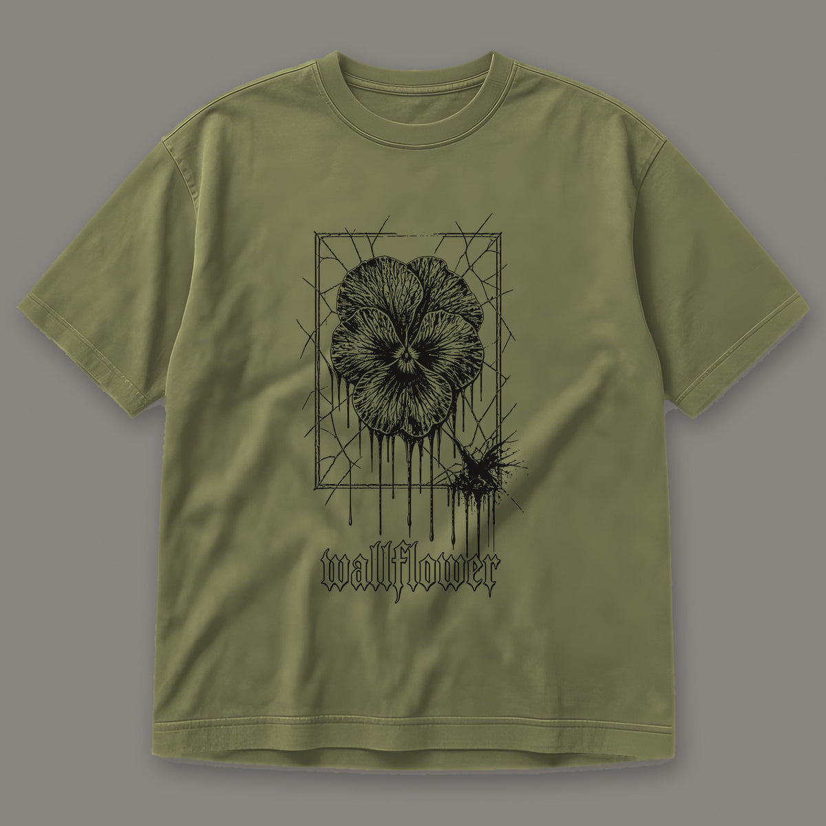 Wallflower Men's Heavyweight Tee in moss by Trauma Dump, pressed flower tattoo-style gothic graphic in black ink (Moss, black ink)