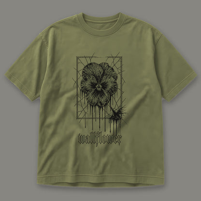 Wallflower Men's Heavyweight Tee in moss by Trauma Dump, pressed flower tattoo-style gothic graphic in black ink (Moss, black ink)