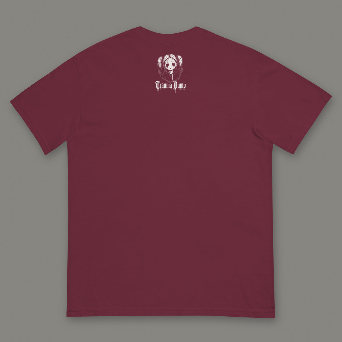 Wallflower Men's Heavyweight Tee in wine by Trauma Dump, men's heavyweight tee goth tee back view with TD doll logo under the collar in white ink (Wine, White ink)