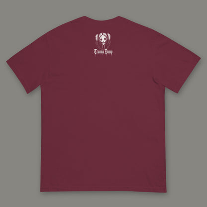 Wallflower Men's Heavyweight Tee in wine by Trauma Dump, men's heavyweight tee goth tee back view with TD doll logo under the collar in white ink (Wine, White ink)