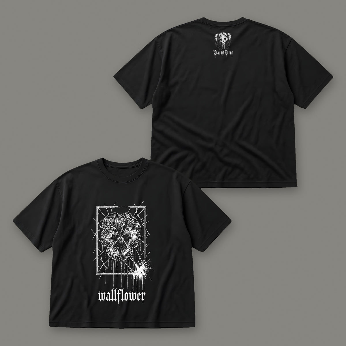 Wallflower Men's Oversized Tee by Trauma Dump, front and back view of black goth tee