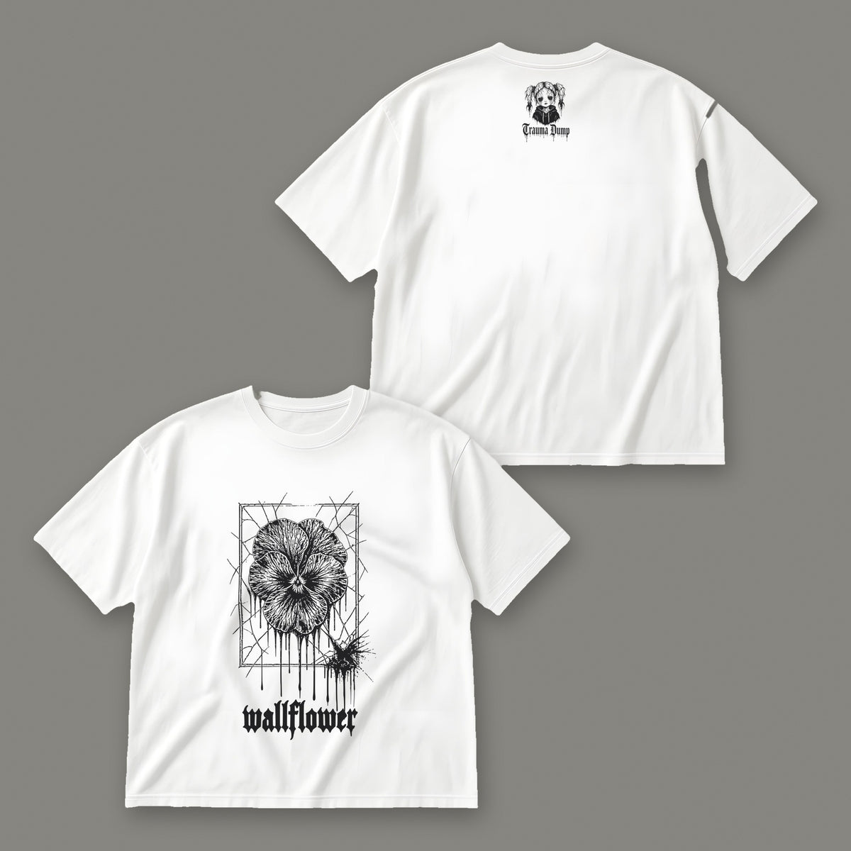 Wallflower Men's Oversized Tee - White by Trauma Dump, front and back view of white goth tee with black ink