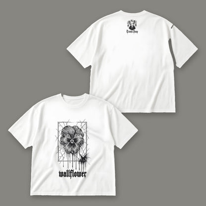 Wallflower Men's Oversized Tee - White by Trauma Dump, front and back view of white goth tee with black ink