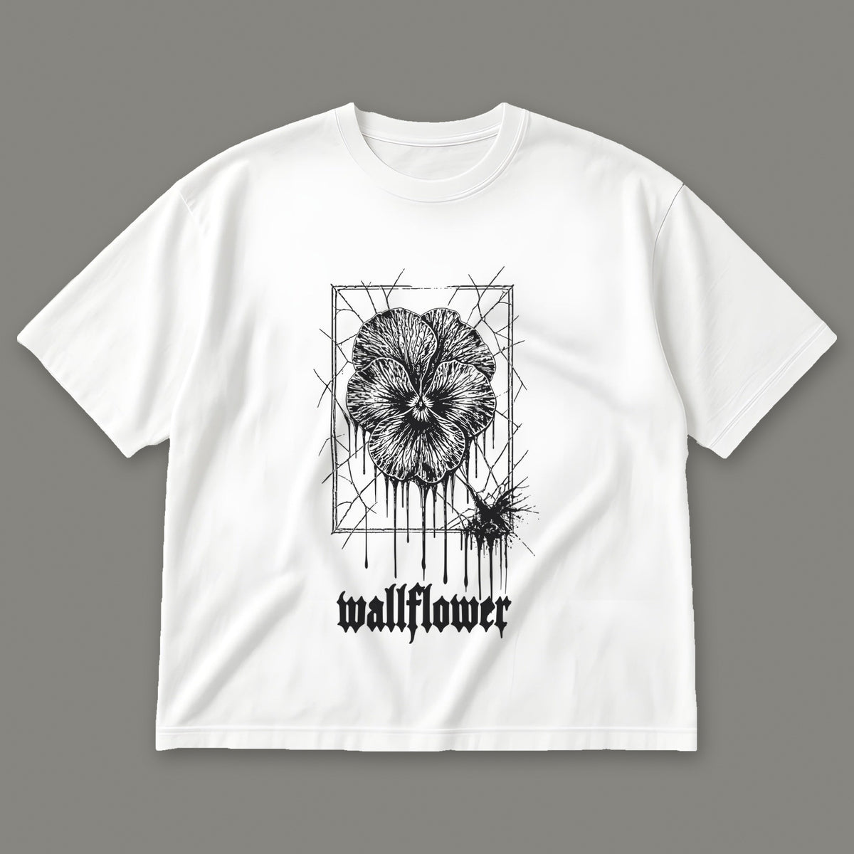 Wallflower Men's Oversized Tee in white by Trauma Dump, pressed flower tattoo-style gothic graphic in black ink