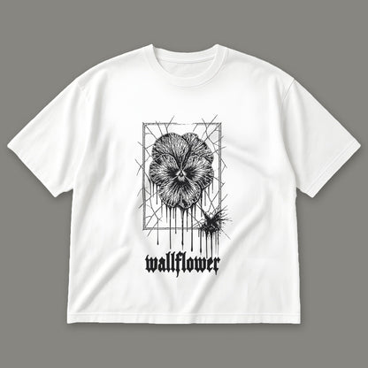 Wallflower Men's Oversized Tee in white by Trauma Dump, pressed flower tattoo-style gothic graphic in black ink
