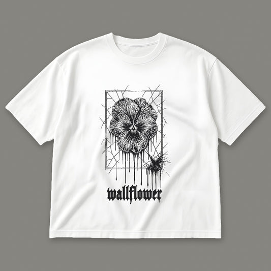 Wallflower Men's Oversized Tee in white by Trauma Dump, pressed flower tattoo-style gothic graphic in black ink