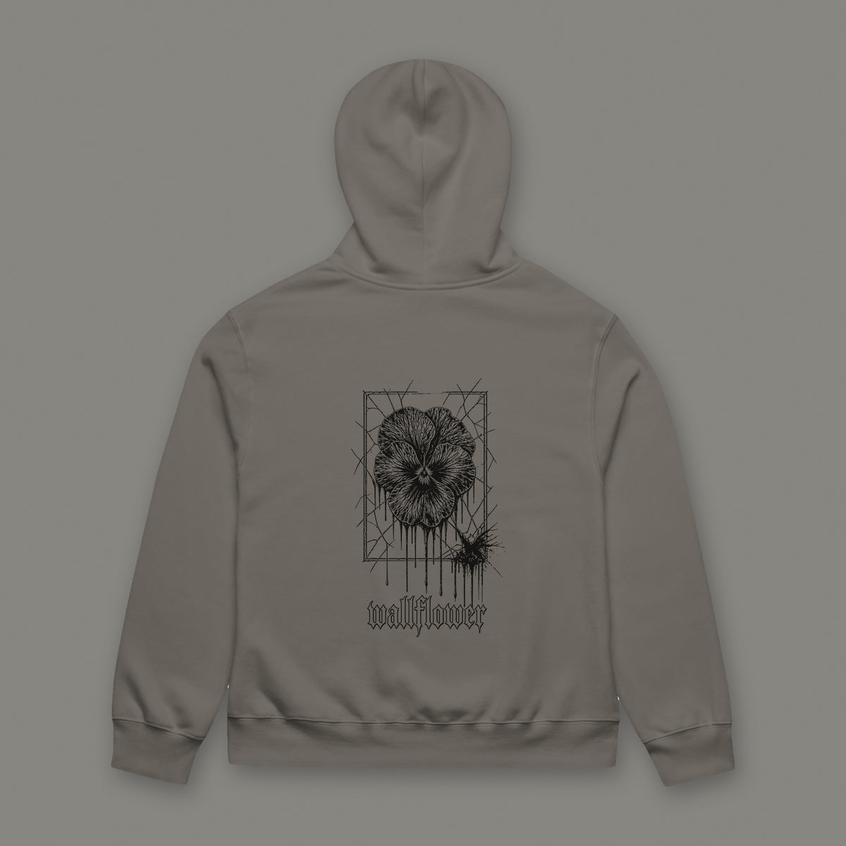 Wallflower Oversized Heavyweight Hoodie in asphalt by Trauma Dump, oversized asphalt goth hoodie back with pressed flower print in black ink (Asphalt, black ink)