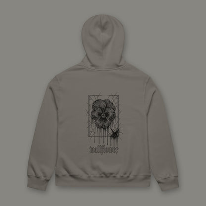 Wallflower Oversized Heavyweight Hoodie in asphalt by Trauma Dump, oversized asphalt goth hoodie back with pressed flower print in black ink (Asphalt, black ink)