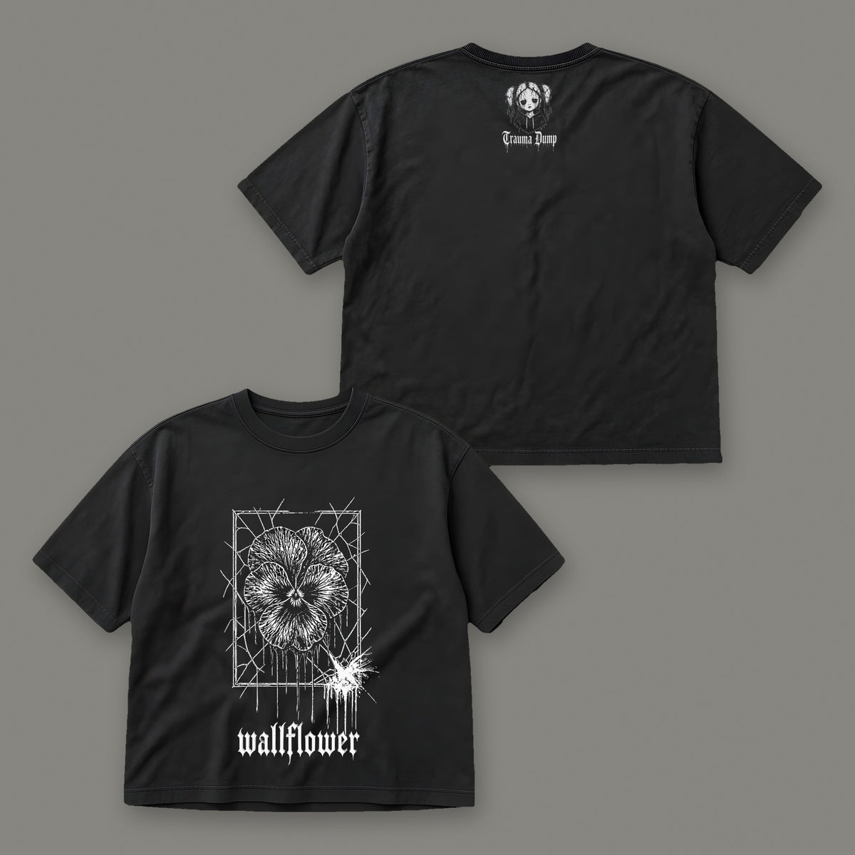 Wallflower Women's Boxy Tee by Trauma Dump, front and back view of black goth tee (Black, white ink)