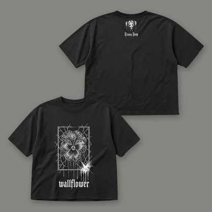 Wallflower Women's Boxy Tee by Trauma Dump, front and back view of black goth tee (Black, white ink)
