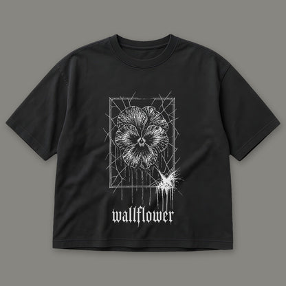 Wallflower Women's Boxy Tee in black by Trauma Dump, pressed flower tattoo-style gothic graphic (Black, white ink)