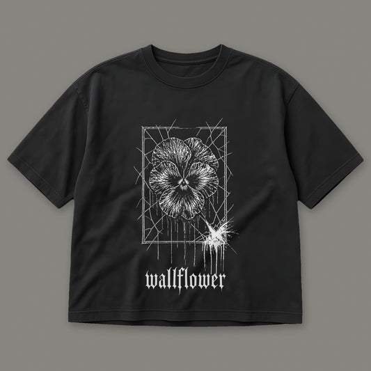Wallflower Women's Boxy Tee in black by Trauma Dump, pressed flower tattoo-style gothic graphic (Black, white ink)
