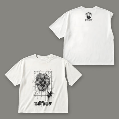 Wallflower Women's Boxy Tee - White by Trauma Dump, front and back view of white goth tee with black ink
