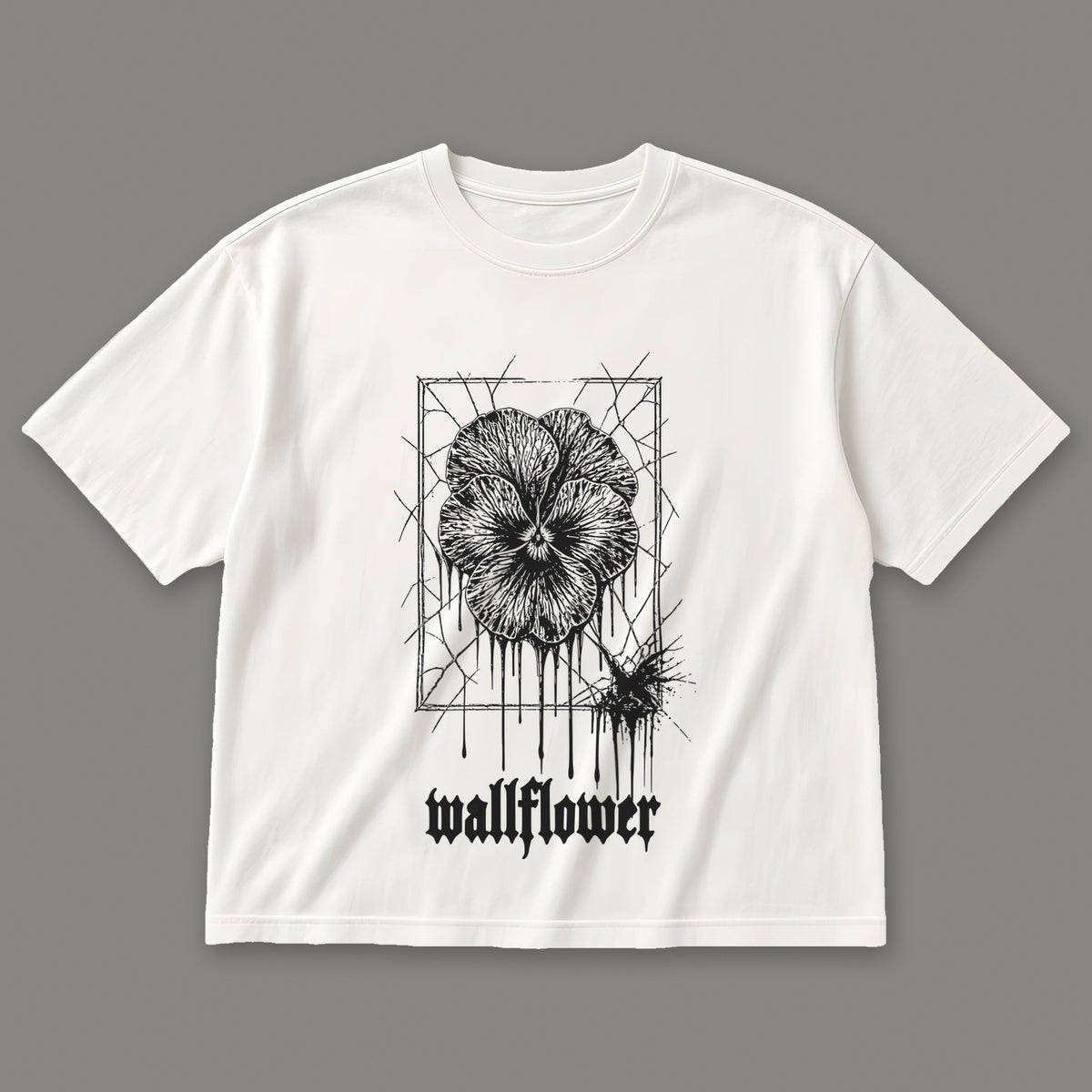 Wallflower Women's Boxy Tee in white by Trauma Dump, pressed flower tattoo-style gothic graphic in black ink