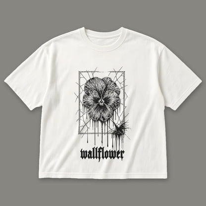 Wallflower Women's Boxy Tee in white by Trauma Dump, pressed flower tattoo-style gothic graphic in black ink