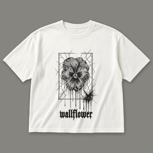 Wallflower Women's Boxy Tee in white by Trauma Dump, pressed flower tattoo-style gothic graphic in black ink