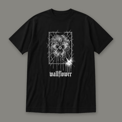 Wallflower Women's Relaxed Tee in black by Trauma Dump, pressed flower tattoo-style gothic graphic in white ink (Black, white ink)