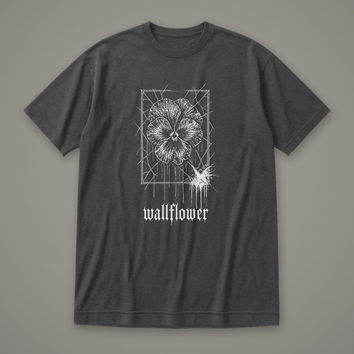 Wallflower Women's Relaxed Tee in dark grey heather by Trauma Dump, pressed flower tattoo-style gothic graphic in white ink (Dark Grey Heather, white ink)
