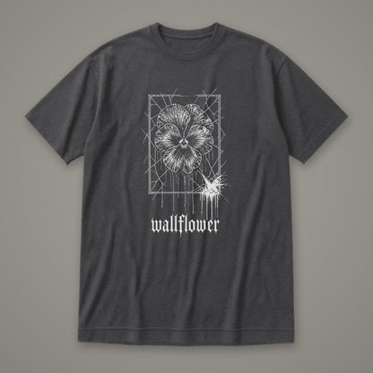 Wallflower Women's Relaxed Tee in dark grey heather by Trauma Dump, pressed flower tattoo-style gothic graphic in white ink (Dark Grey Heather, white ink)
