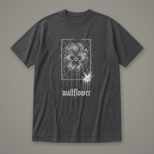 Wallflower Women's Relaxed Tee in dark grey heather by Trauma Dump, pressed flower tattoo-style gothic graphic in white ink (Dark Grey Heather, white ink)