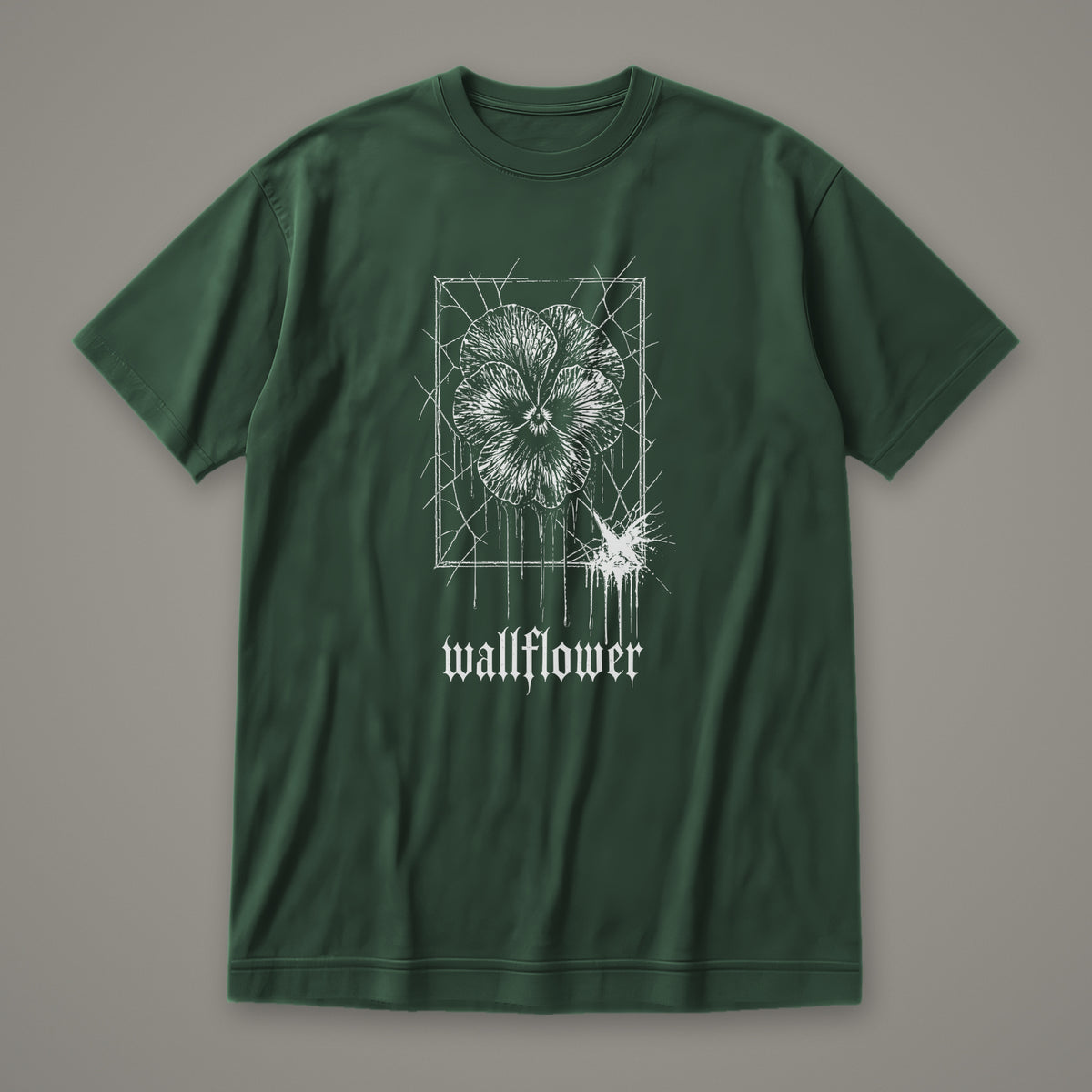 Wallflower Women's Relaxed Tee in forest green by Trauma Dump, pressed flower tattoo-style gothic graphic in white ink (Forest Green, white ink)