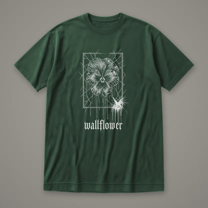 Wallflower Women's Relaxed Tee in forest green by Trauma Dump, pressed flower tattoo-style gothic graphic in white ink (Forest Green, white ink)