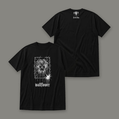 Wallflower Women's Relaxed Tee by Trauma Dump, front and back view of black goth tee (Black, white ink)
