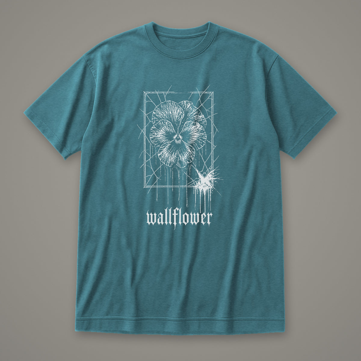 Wallflower Women's Relaxed Tee in heather deep teal by Trauma Dump, pressed flower tattoo-style gothic graphic in white ink (Heather Deep Teal, white ink)