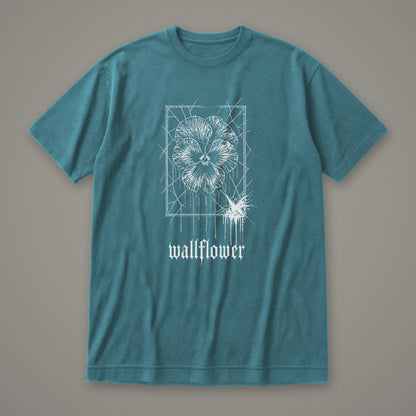 Wallflower Women's Relaxed Tee in heather deep teal by Trauma Dump, pressed flower tattoo-style gothic graphic in white ink (Heather Deep Teal, white ink)