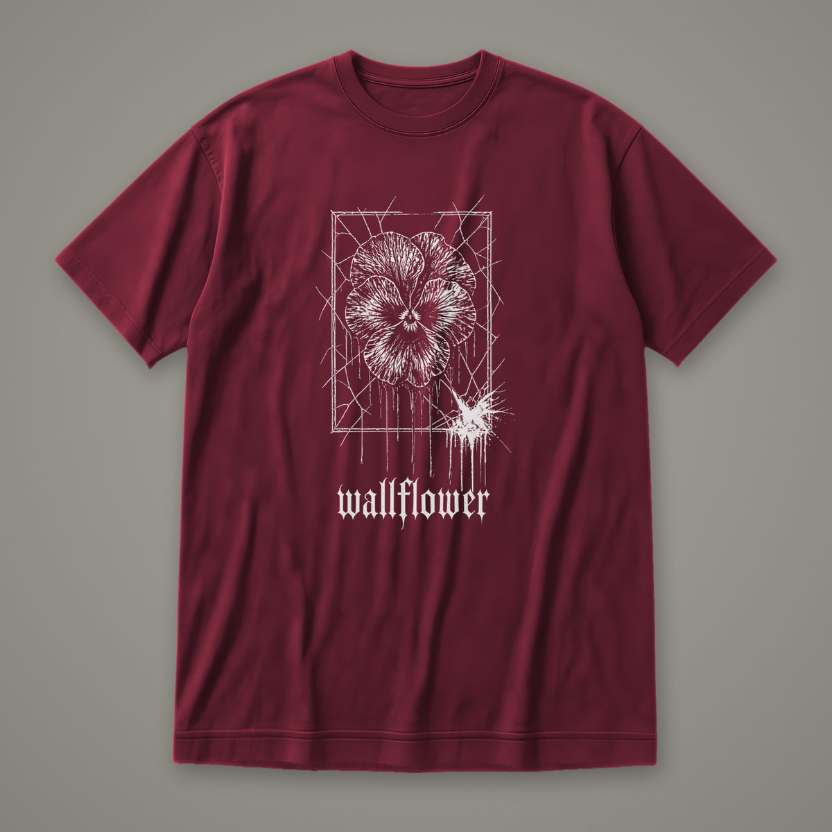 Wallflower Women's Relaxed Tee in maroon by Trauma Dump, pressed flower tattoo-style gothic graphic in white ink (Maroon, white ink)