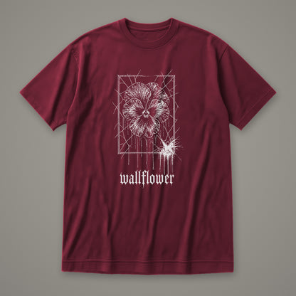 Wallflower Women's Relaxed Tee in maroon by Trauma Dump, pressed flower tattoo-style gothic graphic in white ink (Maroon, white ink)
